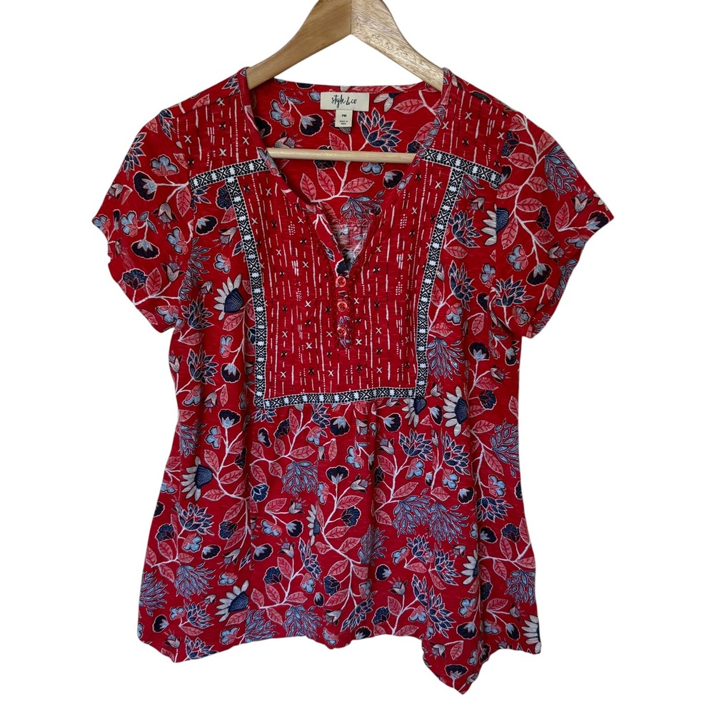 Style & Co Floral Henley Blouse Women PM Red Excellent Boho Knit Top